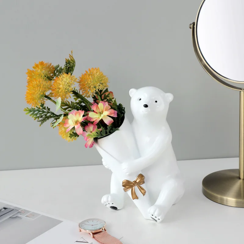 

Nordic Bear Statue Vase Decoration Polar Bear Resin Crafts Living Room TV Cabinet Home Bouquet Desktop Art Sculpture Gift Decora