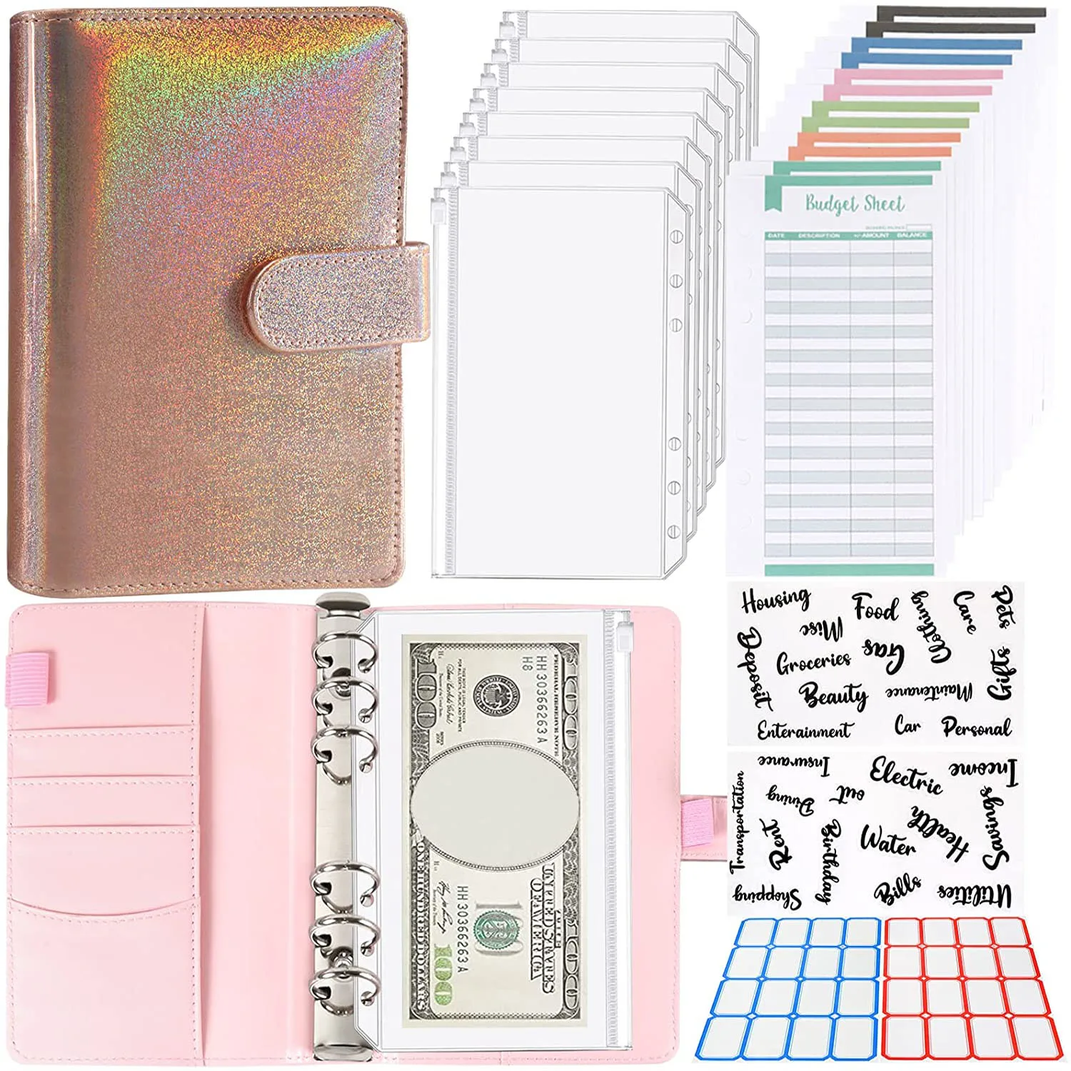 A6 PU Leather Notebook Binder Budget Planner, 8 Binder Pockets,Expense Budget Sheets,Sticker Label, Cash Envelopes for Budgeting
A6 PU Leather Notebook Binder Budget Planner, 8 Binder Pockets,Expense Budget Sheets,Sticker Label, Cash Envelopes for Budgeting
