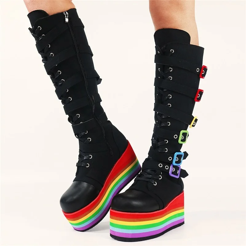 New Fashion Spring Autumn Knee High Boots High Rainbow Wedges Chunky Platform Comfy Walking Gothic Style Women Shoes 2022
New Fashion Spring Autumn Knee High Boots High Rainbow Wedges Chunky Platform Comfy Walking Gothic Style Women Shoes 2022