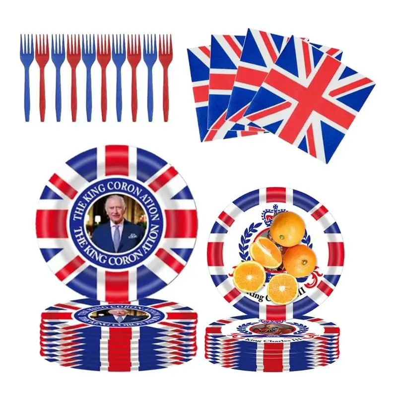 

King Charles Coronation Decorations UK Flag British Party Paper Tableware Kit Plates Napkins Forks United Kingdom Party Supplies