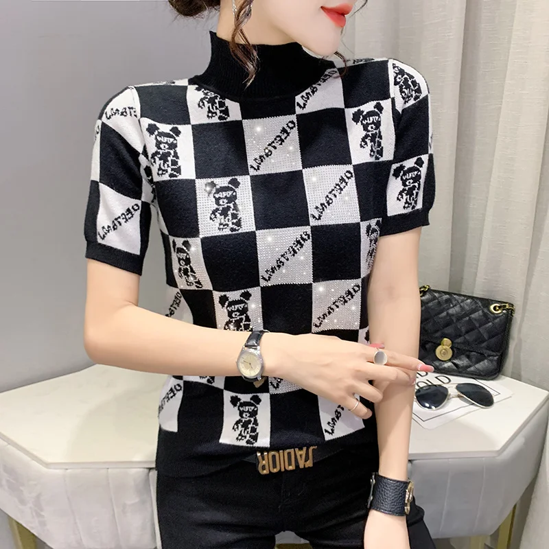 #8067 Plaid Knitted T Shirt Women Short Sleeve Elastic Short Sleeve T-shirts Diamonds Slim Spliced Color Tshirt Cartoon Bear
#8067 Plaid Knitted T Shirt Women Short Sleeve Elastic Short Sleeve T-shirts Diamonds Slim Spliced Color Tshirt Cartoon Bear