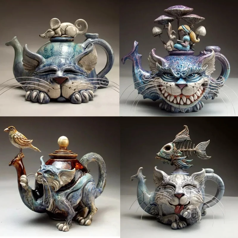 

Креативный заварочный чайник ручной работы, статуя, украшения, кот, рыба, птица, украшение для рабочего стола, искусственный декор, смешные п...