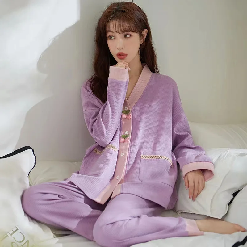Purple Pajamas Sets Women Spring 100% Cotton Sleepwear V-Neck 2 Piece Set Homewear Nightie Female Home Clothes
Purple Pajamas Sets Women Spring 100% Cotton Sleepwear V-Neck 2 Piece Set Homewear Nightie Female Home Clothes