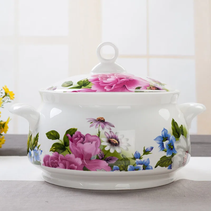 

Европейский фарфоровый столовый сервиз Tureen из костяного фарфора, фарфоровая суповая кастрюля, бытовая большая миска для риса и еды с крышко...