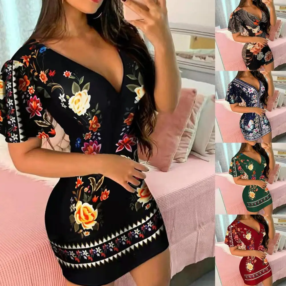 Women Sexy Deep V-Neck Short Sleeve Mini Dress Waist Tight Colorful Floral Print Skinny Party Slim Dress Female Clothes Vestidos
Women Sexy Deep V-Neck Short Sleeve Mini Dress Waist Tight Colorful Floral Print Skinny Party Slim Dress Female Clothes Vestidos
