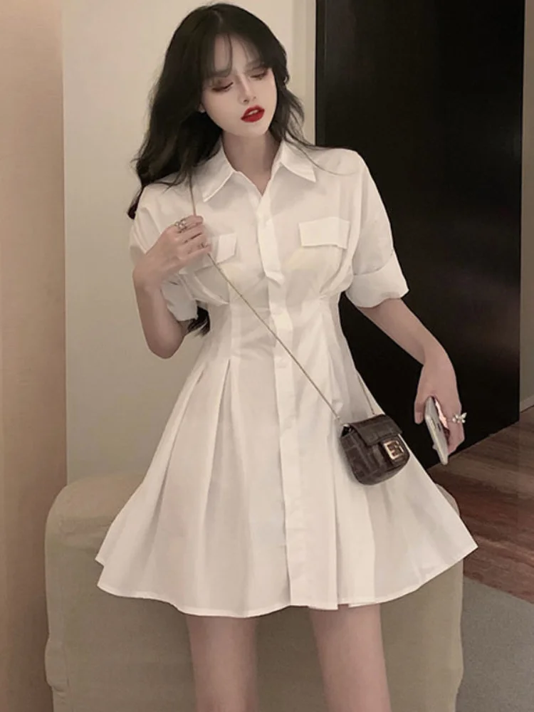 

QWEEK, белое платье-рубашка, женское повседневное корейское модное приталенное Короткое мини-платье с запахом и воротником-поло в стиле K-POP, весна-лето 2023
