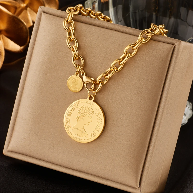316L Stainless Steel Gold Color Hip Hop Round Portrait Coin Necklace For Women Men Fashion Trend Girl Jewelry Gift Joyas
316L Stainless Steel Gold Color Hip Hop Round Portrait Coin Necklace For Women Men Fashion Trend Girl Jewelry Gift Joyas