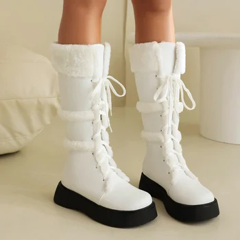 2023 Winter Warm Women Snow Boots Thick-soled Flat Knee High Boots Lace Up Long Plush Winter Ladies Boots Shoes Black White