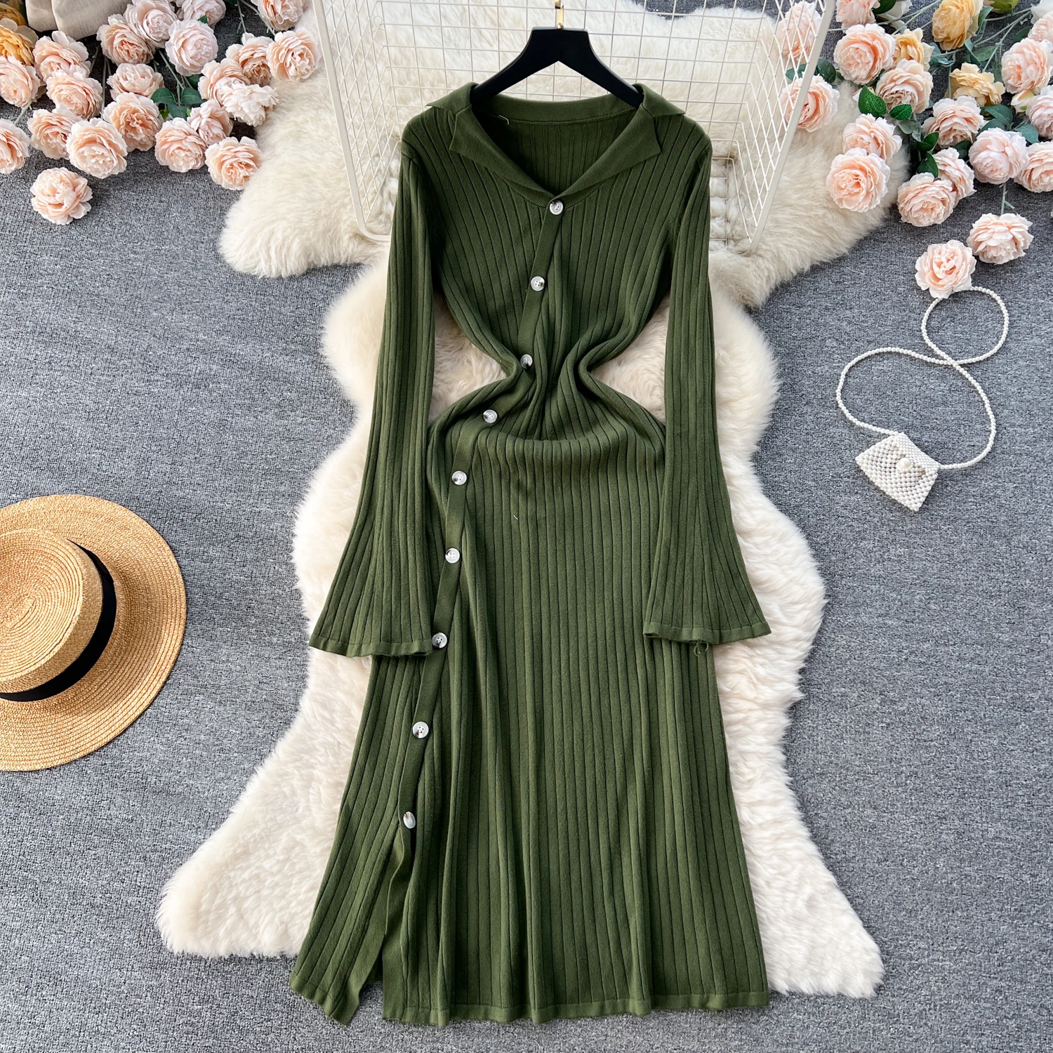 

Clothland Women Elegant Knitting Dress Irregular Button Long Sleeve Stretchy Slim Fit One Piece Midi Dresses Vestido QD034