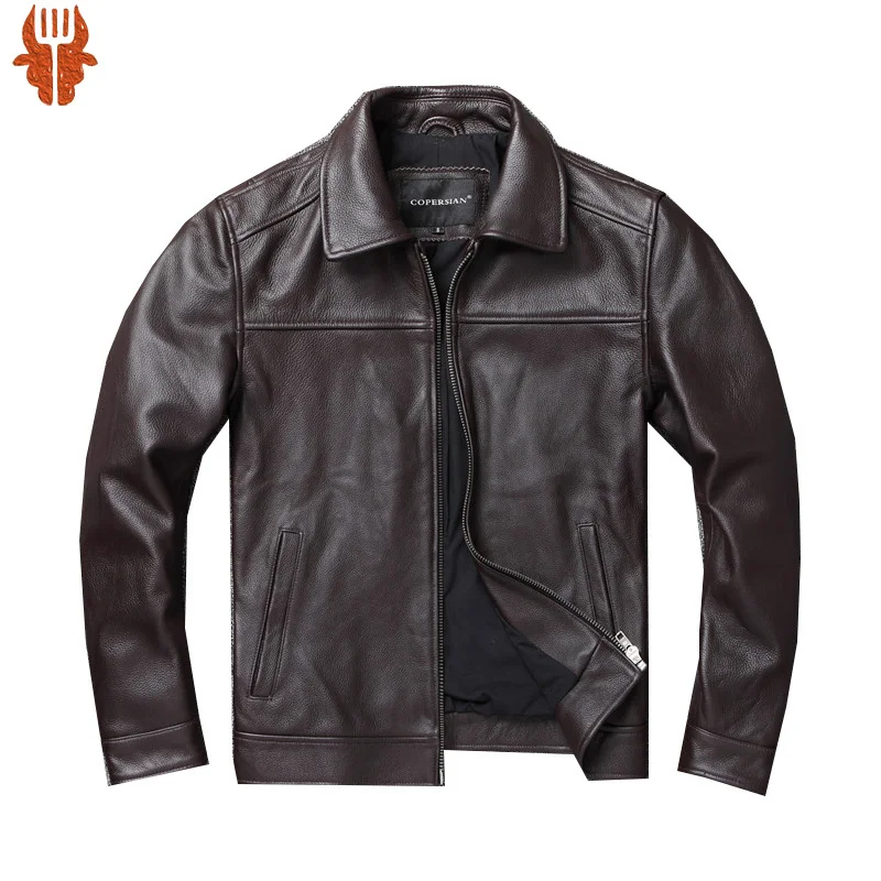 

Autumn latest Natural Calfskin corium Jacket Men Classic Top Layer Cowhide Moto Jacket Fashion Lapel Leisure Leather Jacket