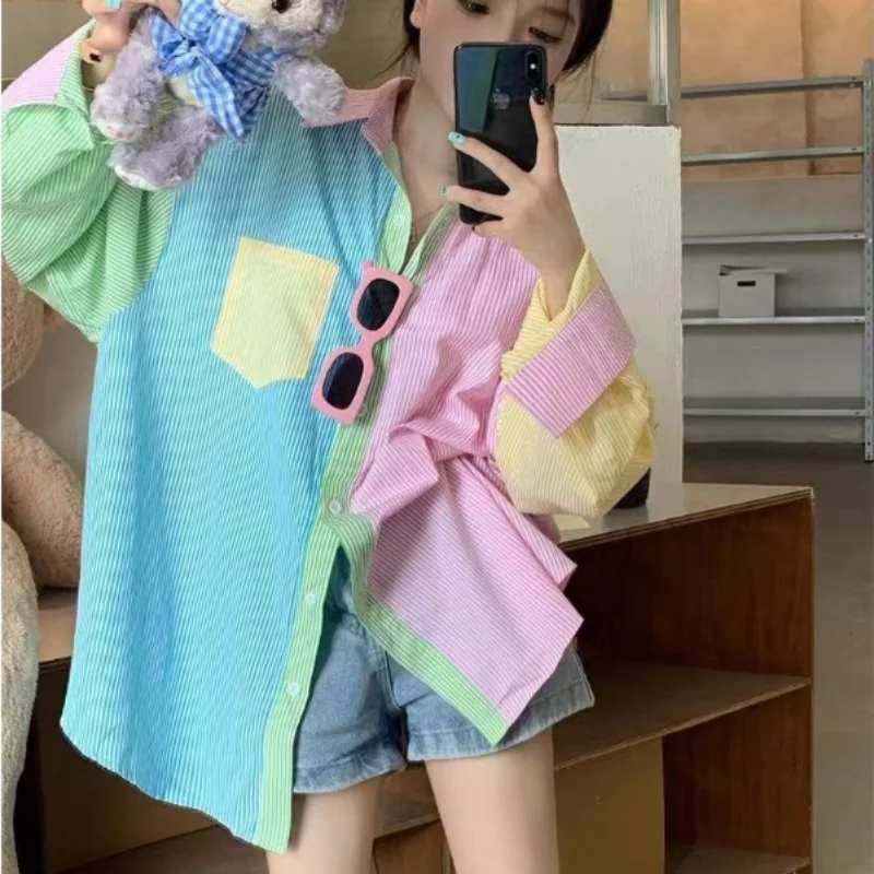 Spring Summer Women's Blouse Kawaii Shirt Korean Sweet Candy Color Patchwork Striped Long Sleeve Tunic Beautiful Tops
Spring Summer Women's Blouse Kawaii Shirt Korean Sweet Candy Color Patchwork Striped Long Sleeve Tunic Beautiful Tops
