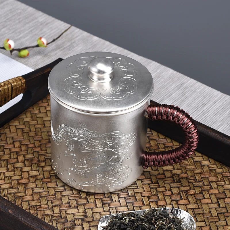 

999 Sterling Silver Tea Jar Cup Large, Medium and Small Sterling Silver Water Cup with Lid Mug Drinking Water Tea Coffee Cup