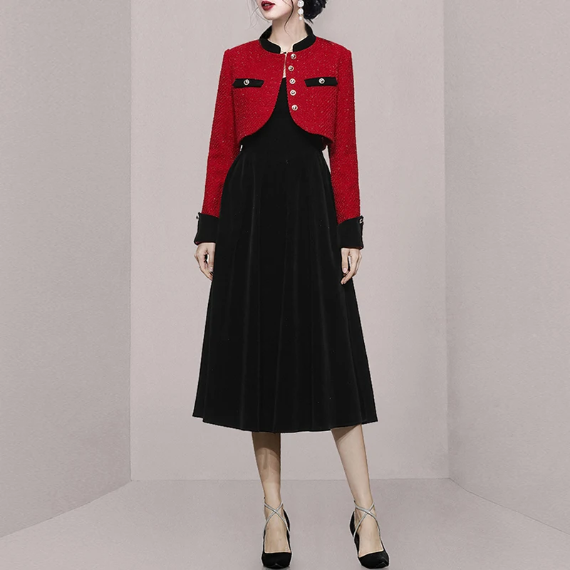 Женские платья, маленькие ароматные блейзеры и платья средней длины без рукавов на бретелях, осенний Элегантный женский комплект из 2 предметов 
Женские платья, маленькие ароматные блейзеры и платья средней длины без рукавов на бретелях, осенний Элегантный женский комплект из 2 предметов