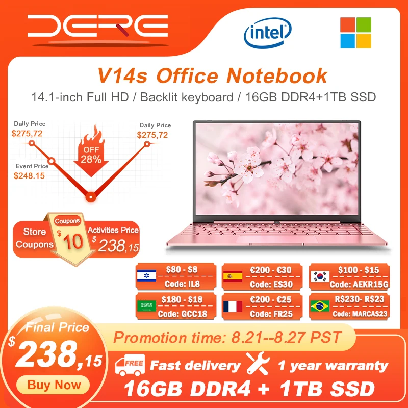 Dere Laptop V14S 14.1 inch ,16GB RAM 1TB SSD, Intel Celeron N5095 ,Business Office Learning Laptop Computer ,Windows 10 Notebook
Dere Laptop V14S 14.1 inch ,16GB RAM 1TB SSD, Intel Celeron N5095 ,Business Office Learning Laptop Computer ,Windows 10 Notebook