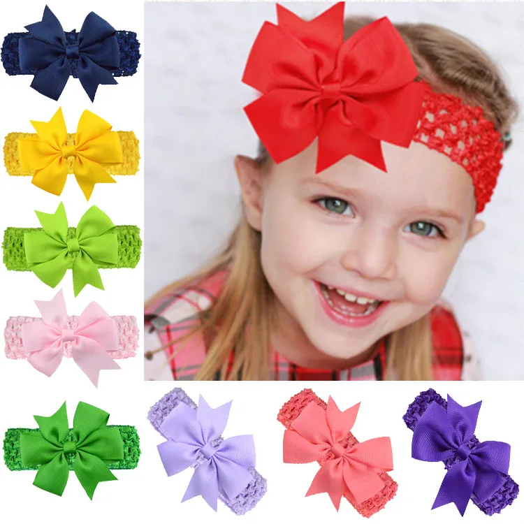 10pcs/lot 8 CM Handmade Dovetail Grosgrain Ribbon Bows Infant Headband Solid Color Crochet Elastic Hair Bands Baby Girl Headwear |