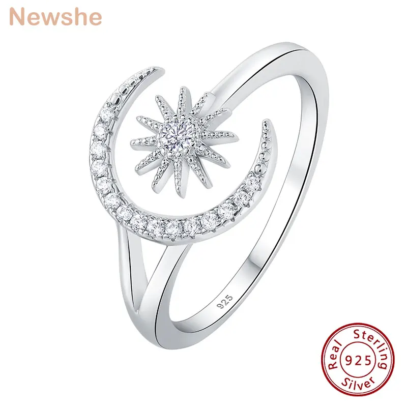 Newshe 925 пробы серебряные кольца для женщин Луна и Звезда кубический циркон милые
