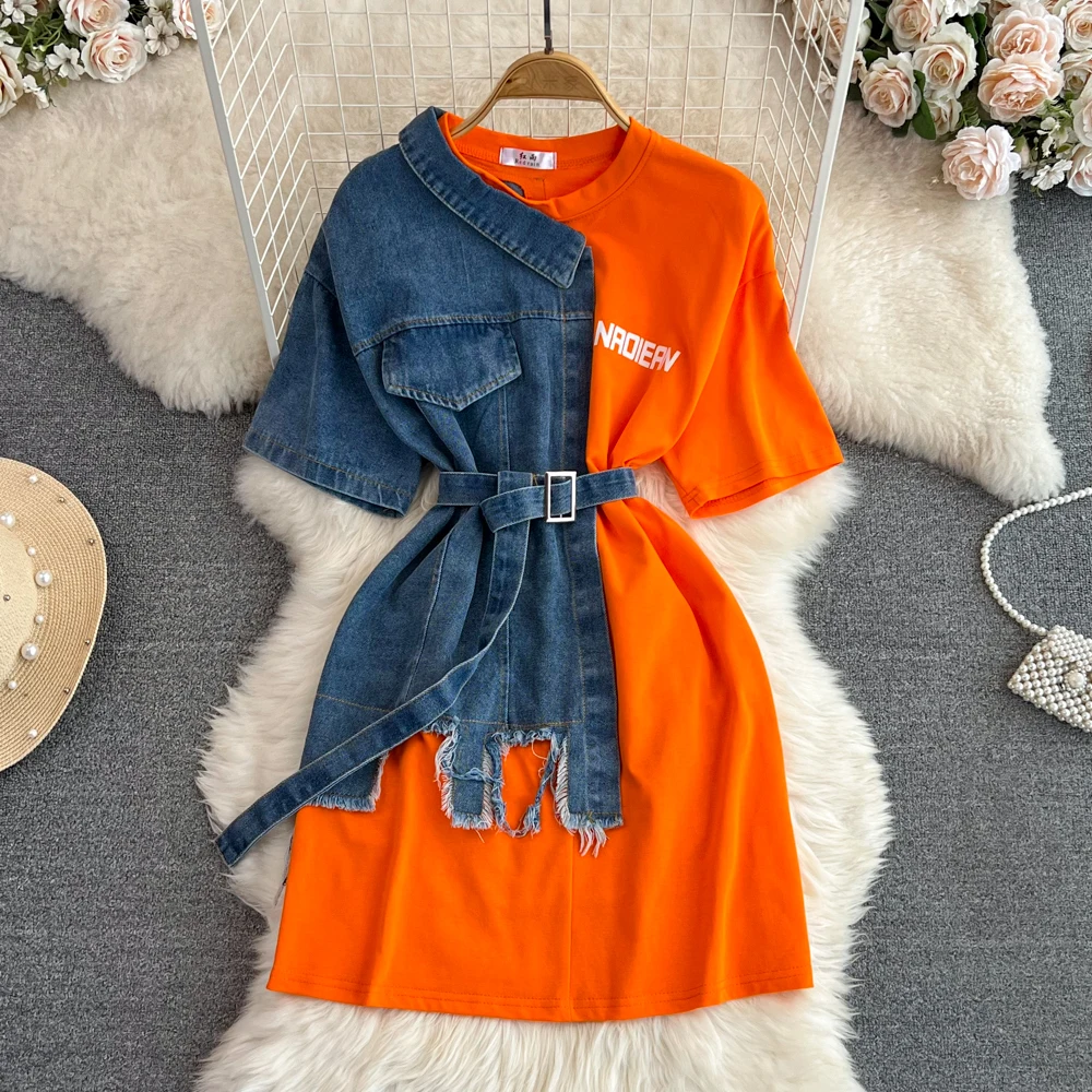 Trend Personality Denim Patchwork Short Sleeve Shirt Dress Women's O-neck Loose Belt Slim-waist Dress 2023 Summer New Fashion
Trend Personality Denim Patchwork Short Sleeve Shirt Dress Women's O-neck Loose Belt Slim-waist Dress 2023 Summer New Fashion