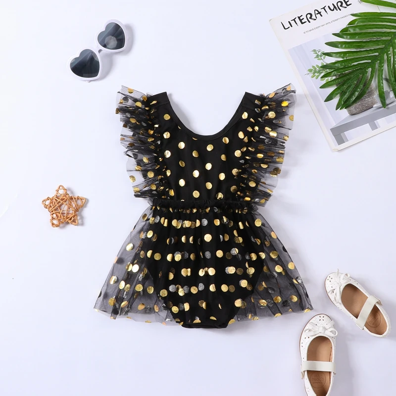 

Listenwind 0-2Y Infant Girl Romper Dress Gold Dot Print Fly Sleeve Tulle Skirt Hem Jumpsuits Baby Bodysuits Summer Clothes