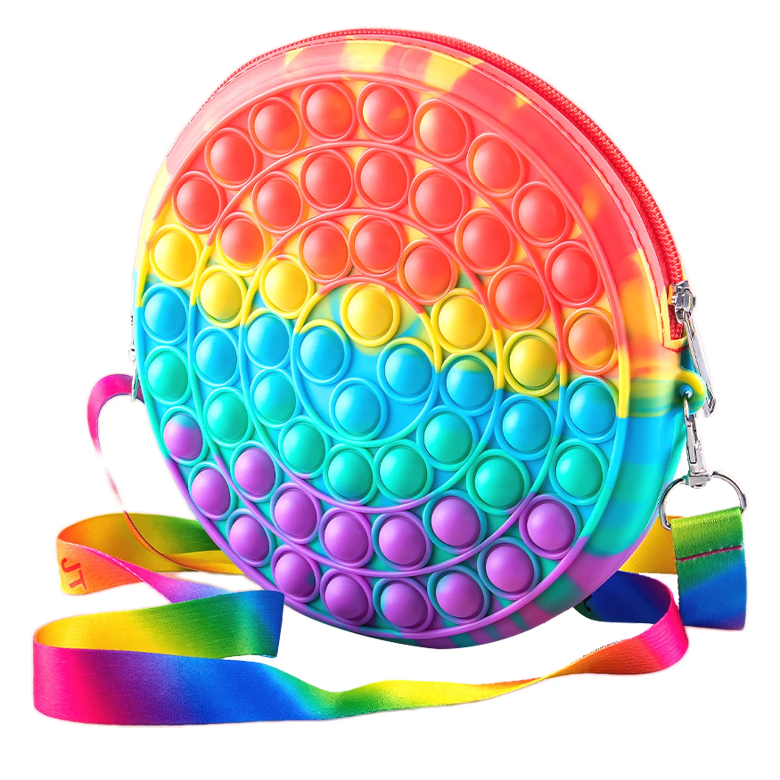 New Popper Silicone Bubble Shoulder Bag Rainbow Round Storage Bag Decompression Rainbow Anti-anxiety Sensory Toy for Kids
New Popper Silicone Bubble Shoulder Bag Rainbow Round Storage Bag Decompression Rainbow Anti-anxiety Sensory Toy for Kids