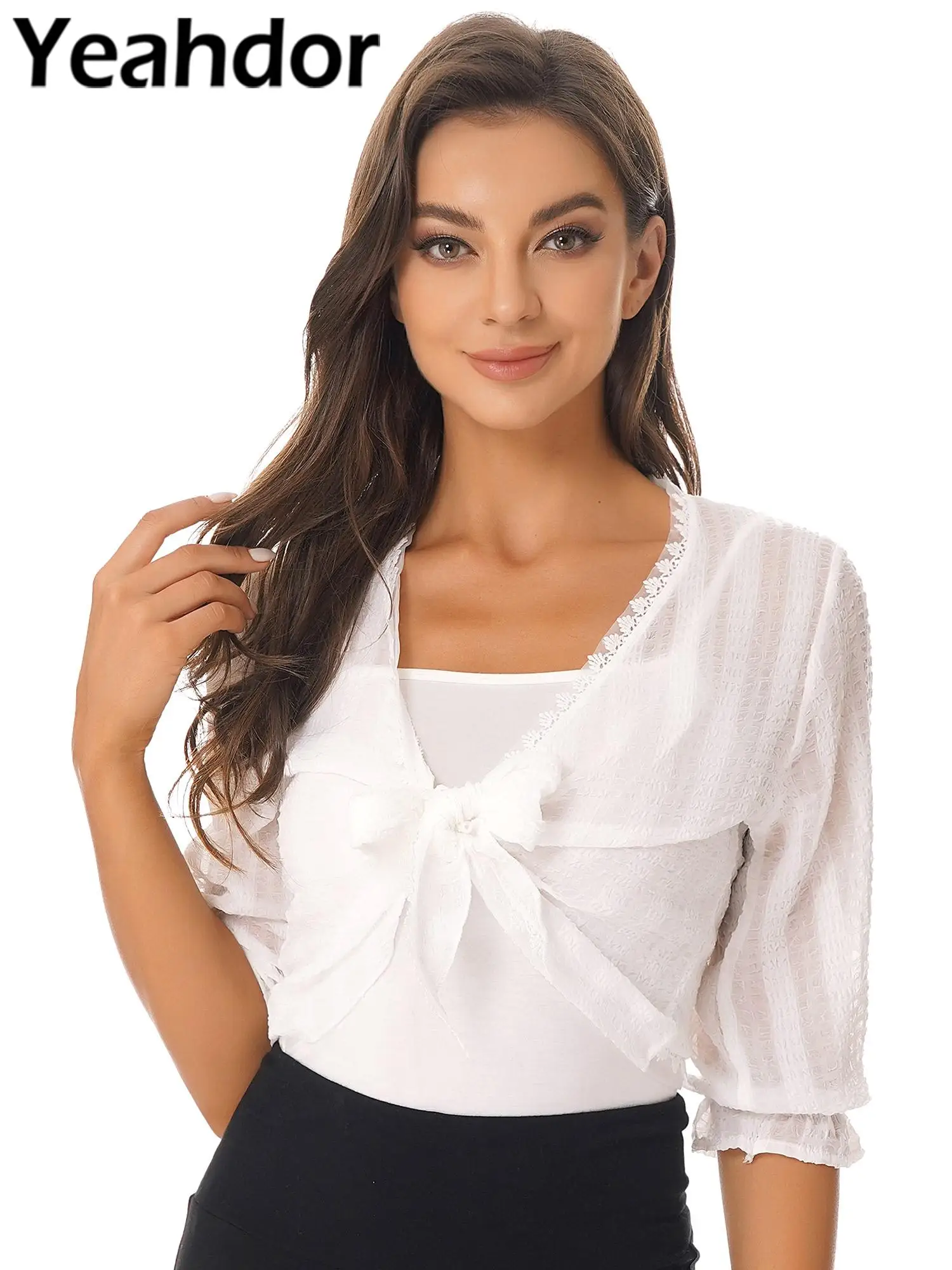 Womens Ruched Textured Solid Color Bolero Open Front Self-Tie Knot Half Sleeve Cute Lace Trim Cardigans Dress Accessory
Womens Ruched Textured Solid Color Bolero Open Front Self-Tie Knot Half Sleeve Cute Lace Trim Cardigans Dress Accessory