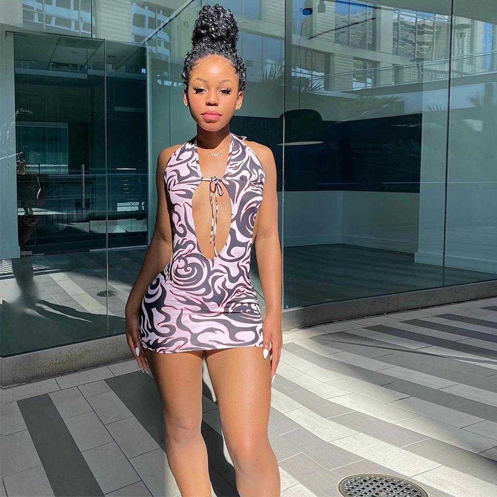 Streetwear Women Aesthetic Print Sleeveless Backless Sheath Dress Summer Halter Neck Hollow Drawstring Bodycon Bandage Vestidos
Streetwear Women Aesthetic Print Sleeveless Backless Sheath Dress Summer Halter Neck Hollow Drawstring Bodycon Bandage Vestidos