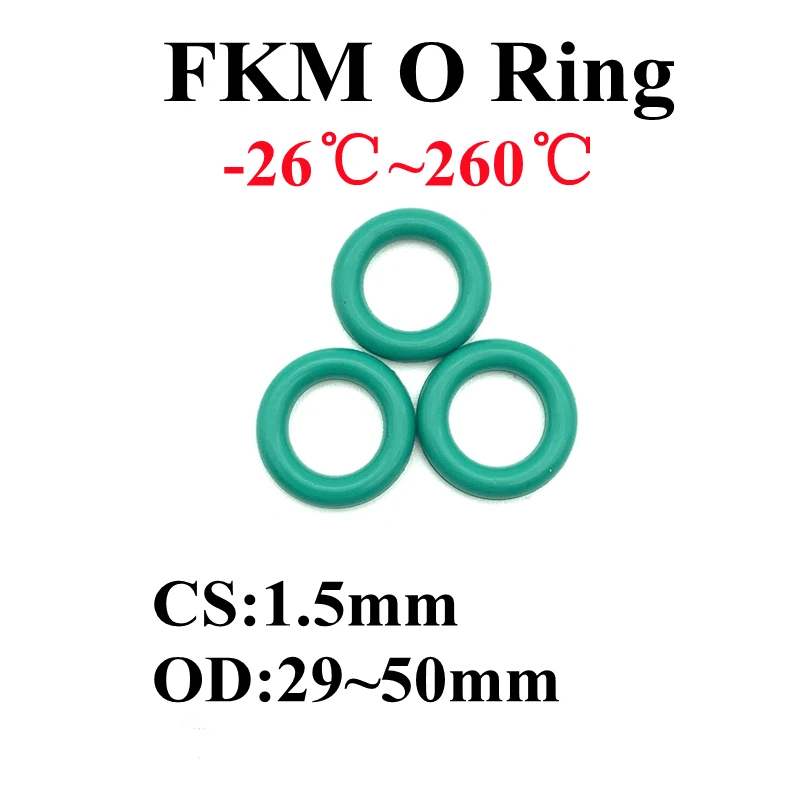 

50Pcs FKM Fluorine Rubber O Ring Sealing Gasket Thickness CS 1.5mm OD 29 ~ 50mm Insulation Oil High Temperature Resistance Green