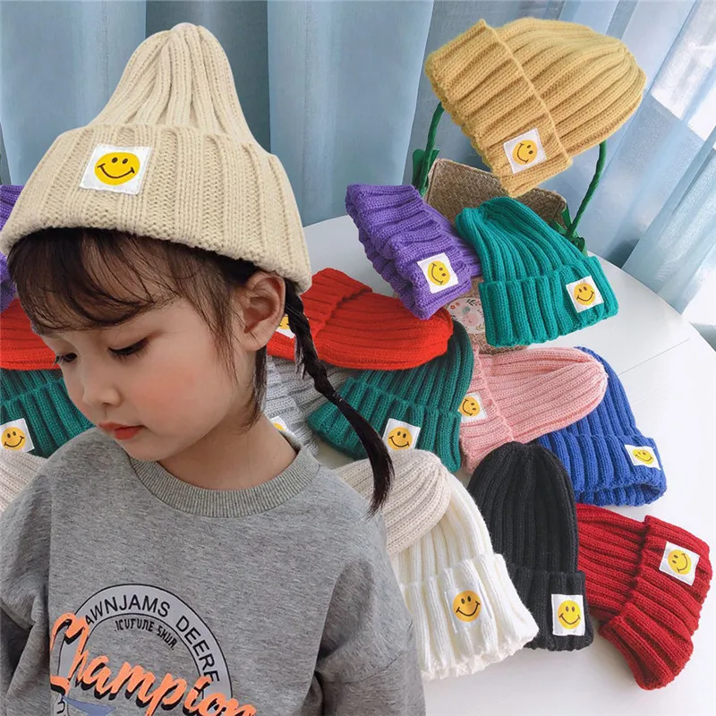 

Autumn Winter Knitted Baby Hats Cute Cartoon Smile Face Toddler Beanie Caps Korean Fashion Girls Boys Warm Hat Kids Caps