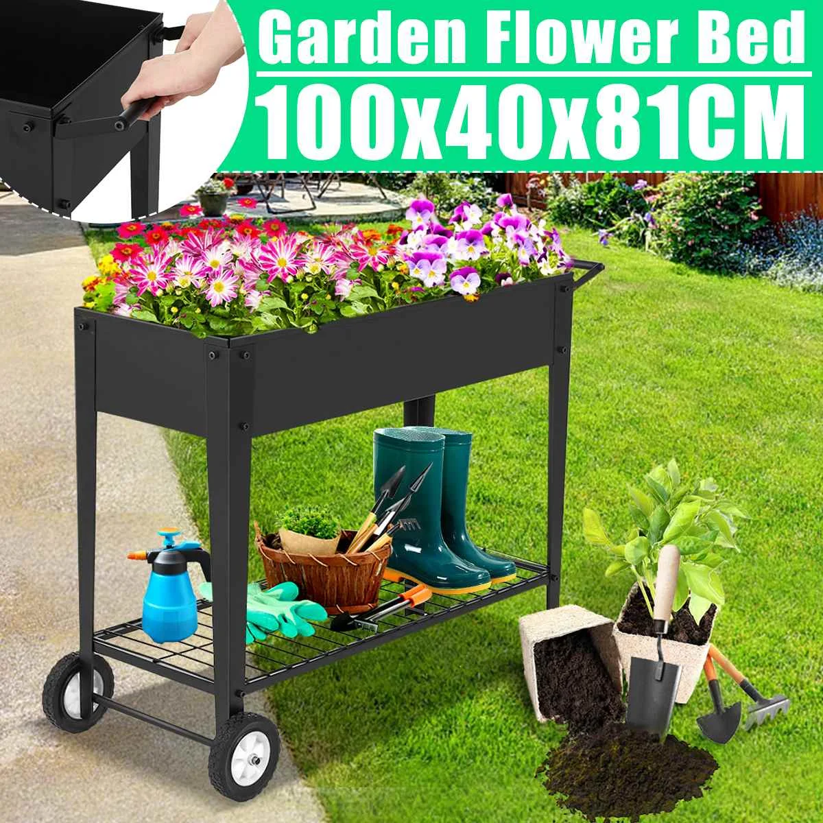 

Mobile Raised 2 Tier Garden Bed Herb Yard Above Ground Raised Planter Boxes with 2 Wheel Garden Cart for Vegetables Flower Patio