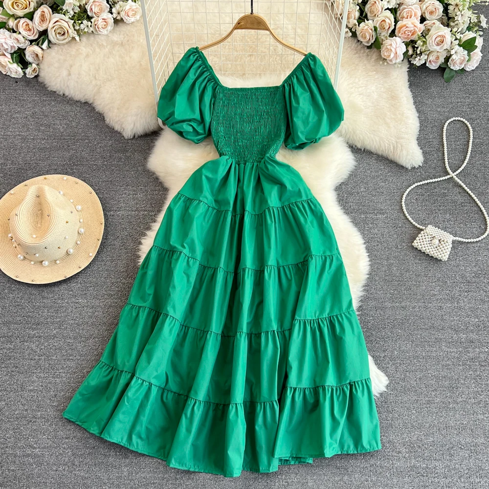 

Vintage Hepburn Style Bubble Short Sleeve Square Neckline Waist Up Dress A-line Cake Dress Seaside Vacation Big Swing Long Dress