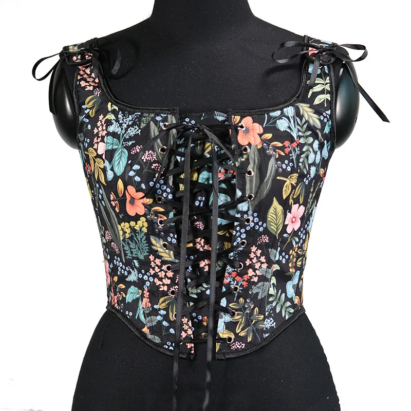 

2022 Corsets For Women Sexy Black White Corset Top Gothic Print Corset Bow Embellished Bustier Crop Fishbone Corset XXS-XXXL