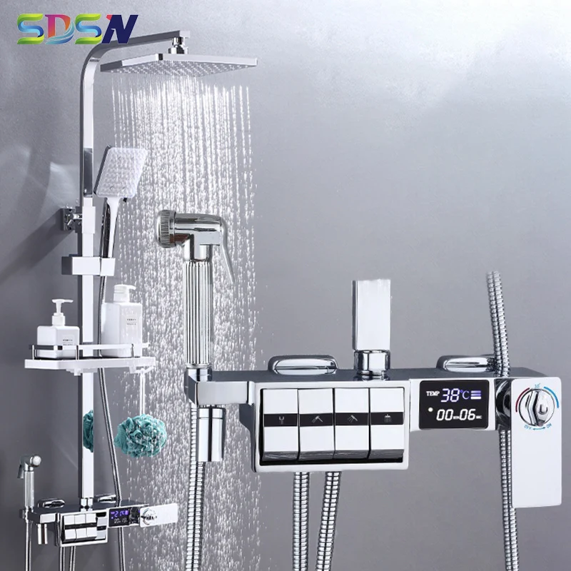 Chrome Piano Thermostatic Shower Faucet Quality Brass Hot Cold Bathroom Shower System Sprinkler Led Digital Bathrrom Shower Set
Chrome Piano Thermostatic Shower Faucet Quality Brass Hot Cold Bathroom Shower System Sprinkler Led Digital Bathrrom Shower Set