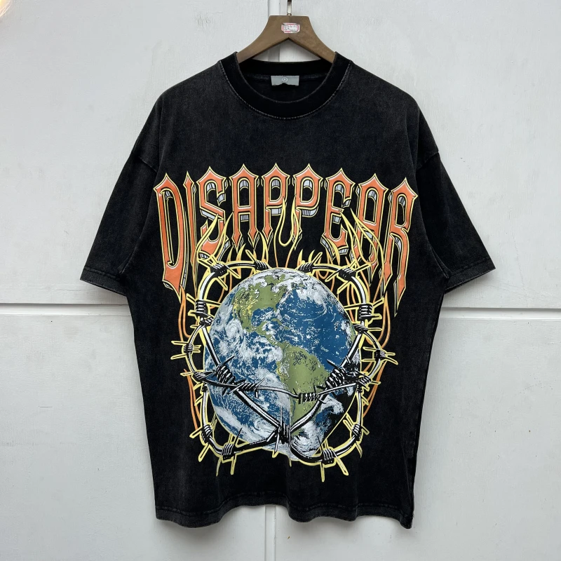 High quality heavy cotton round collar short sleeves made old retro earth letter printed T-shirts for men and women
High quality heavy cotton round collar short sleeves made old retro earth letter printed T-shirts for men and women