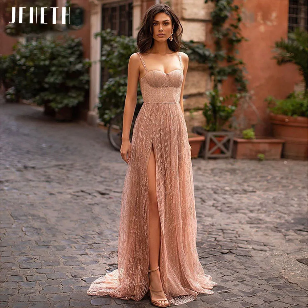 

JEHETH Sparkle Spaghetti Straps Sweetheart Prom Dresses Glitter Shiny Side Slit Backless Evening Party Gown robes de soirée 2022