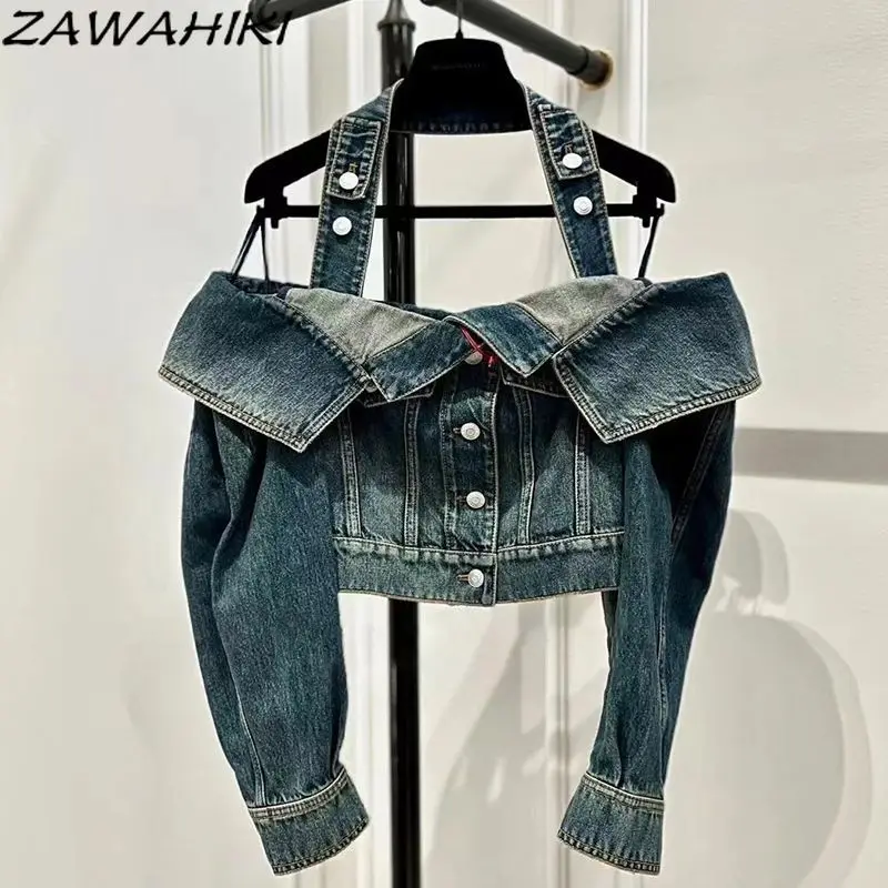 Женская джинсовая куртка с воротником-лодочкой, однотонная куртка с длинным рукавом и лямкой на шее в Корейском стиле, весна-лето
Женская джинсовая куртка с воротником-лодочкой, однотонная куртка с длинным рукавом и лямкой на шее в Корейском стиле, весна-лето