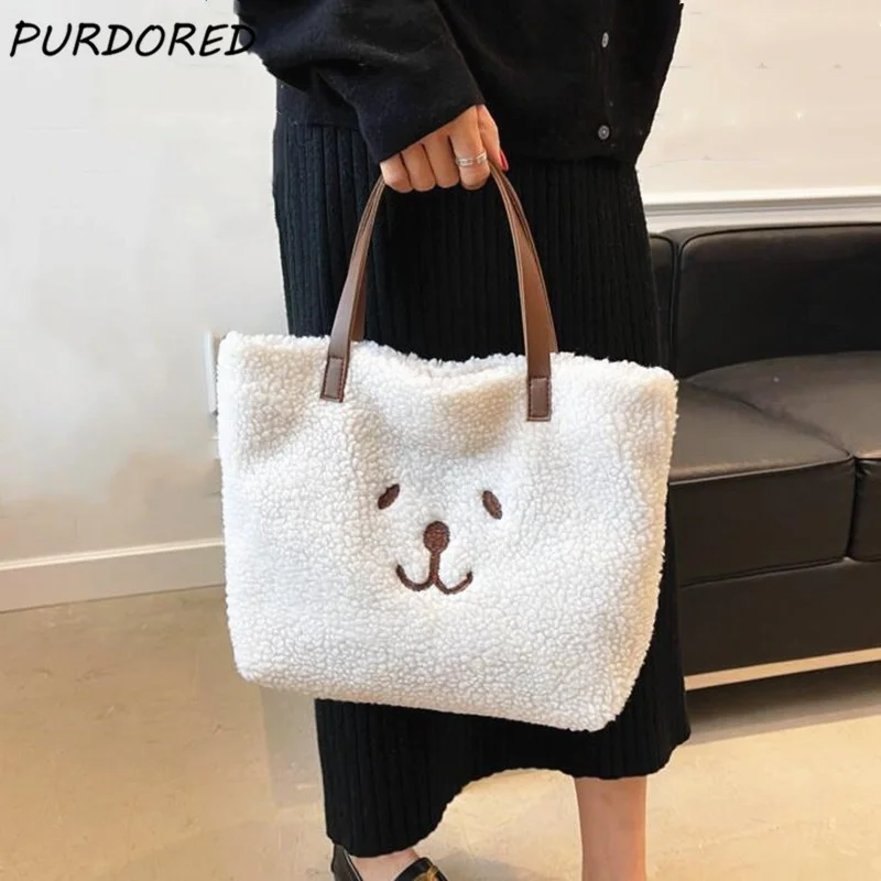 

1 PC Winter Warm Lambswool Women Cute Bear Shoulder Bag Mini Shopping Bag Small Tote Bag Fashion Casual Grocery Bag