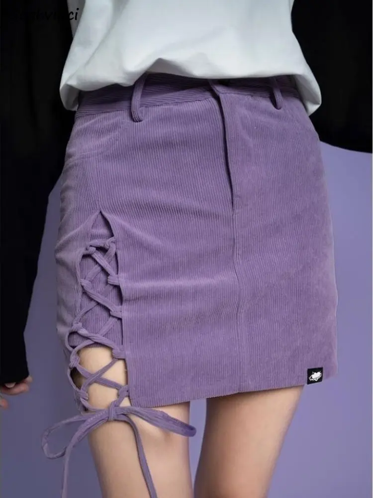 

2022 New Purple Skirts Women Bandage Corduroy Mini Slim Sexy Autumn Side-slit Y2k A-line Hotsweet Girls College Vintage Korean