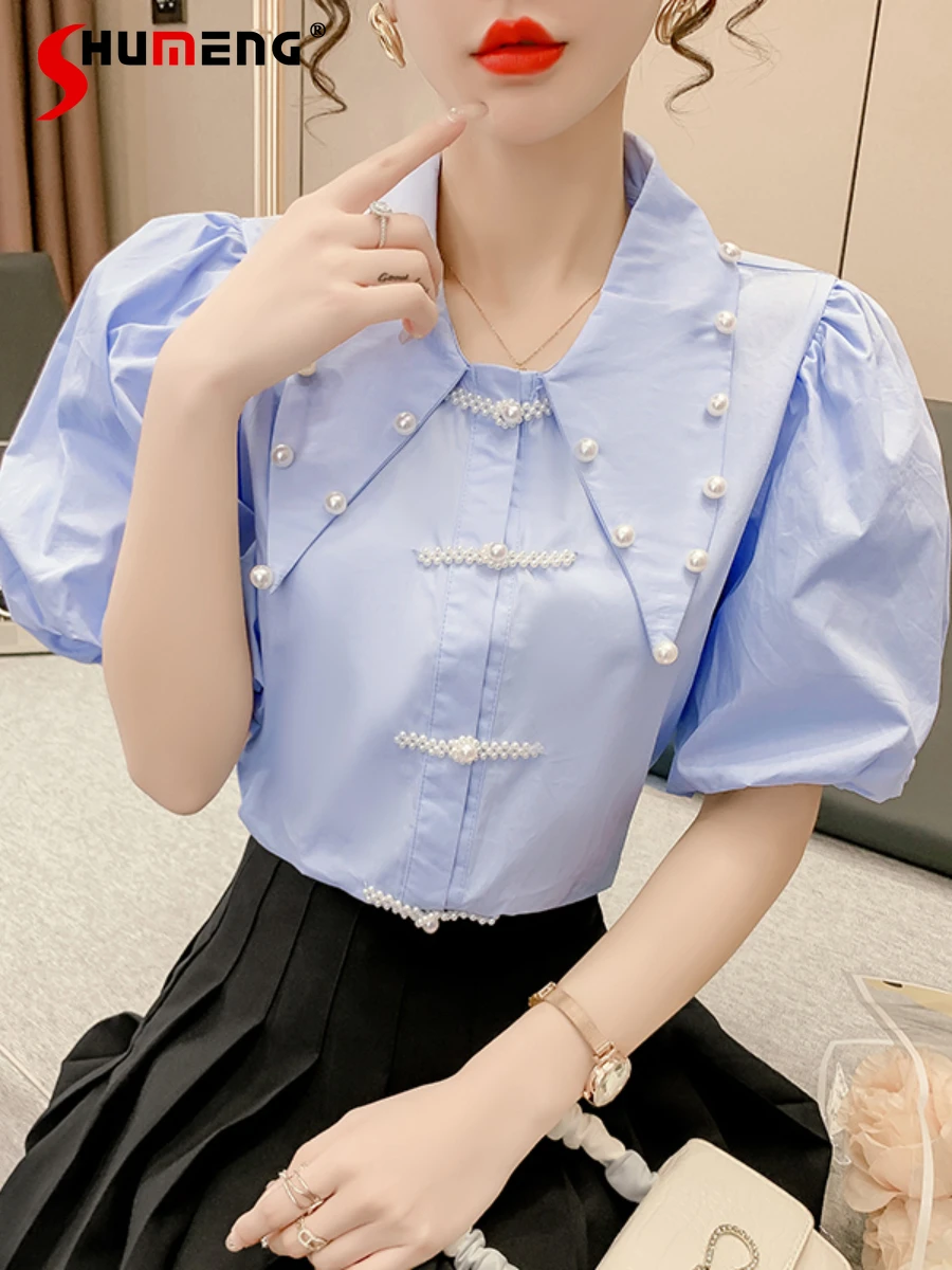 Fresh Sweet Beaded Doll Pointed Collar Short Sleeve Shirt Women Solid Loose Single-Breasted Blouse Top 2022 Summer New Camisas
Fresh Sweet Beaded Doll Pointed Collar Short Sleeve Shirt Women Solid Loose Single-Breasted Blouse Top 2022 Summer New Camisas