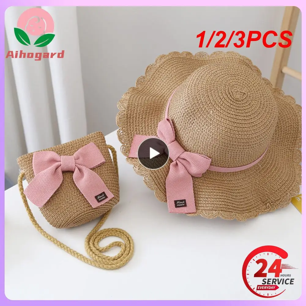 

1/2/3PCS Summer Girl Sun Hat Backpack New Children's Straw Weave Beach Caps Bow Tie Headgear Sandy Beach Supplies Cute Coin