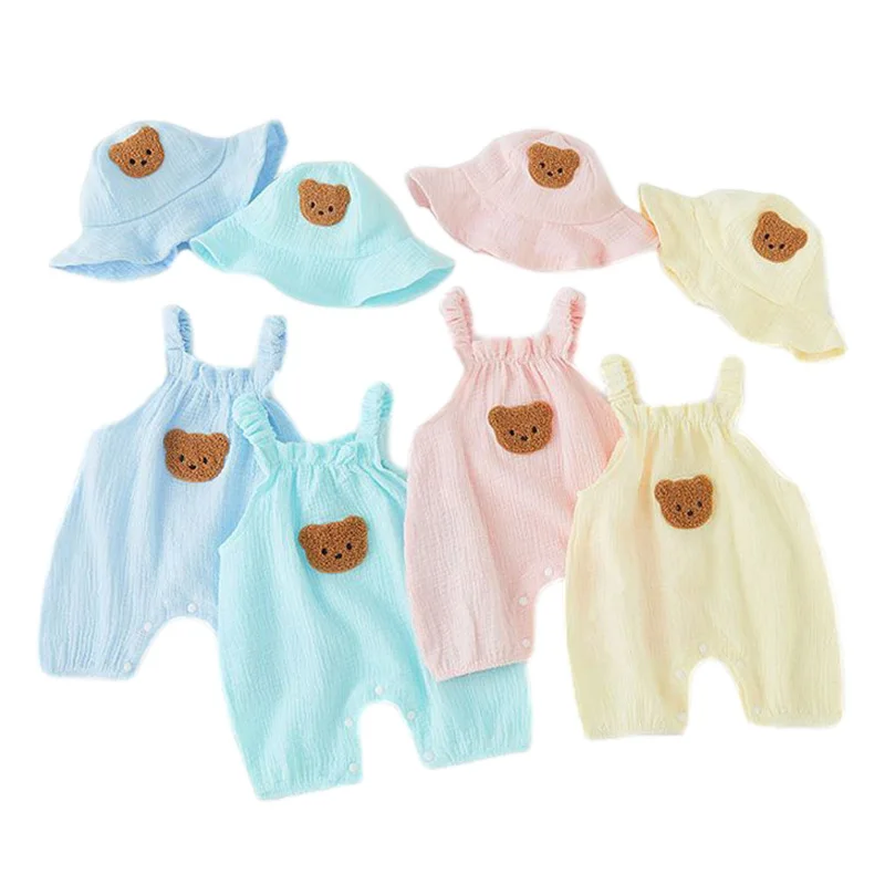 

Милое боди для новорожденных, комплект с шапкой, детский комбинезон без рукавов, комбинезон с мультяшным медведем на бретельках для девочек и мальчиков, летняя муслиновая одежда для 0-20 месяцев