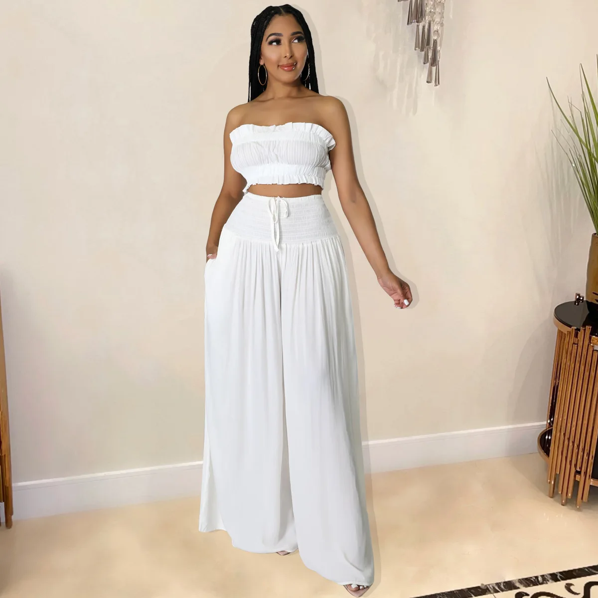 Vacation Chiffon 2 Piece Sets Women Outfit Summer Solid Color Sexy Sleeveless Top Elastic Waist High Wide Leg Loose Pants Sets
Vacation Chiffon 2 Piece Sets Women Outfit Summer Solid Color Sexy Sleeveless Top Elastic Waist High Wide Leg Loose Pants Sets