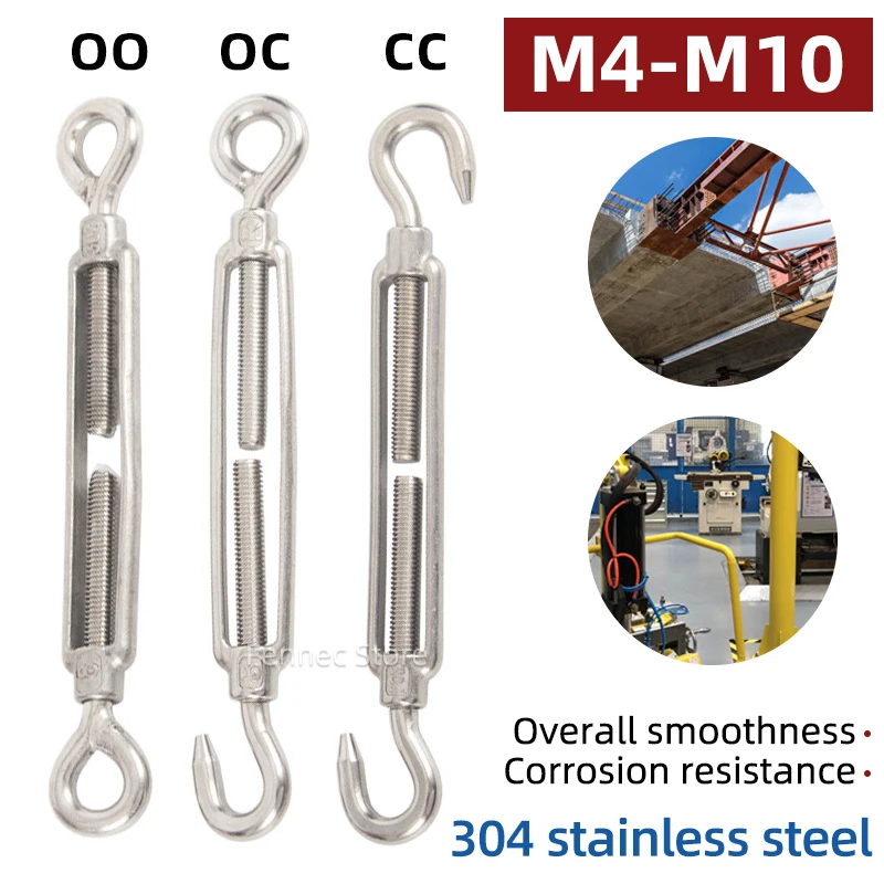 

5PCS Adjust Chain Rigging Hooks & Eye Turnbuckle Wire Rope 304 Stainless Steel M4 M5 M6 M8 M10 Tension Device Line Oc Oo Cc Type