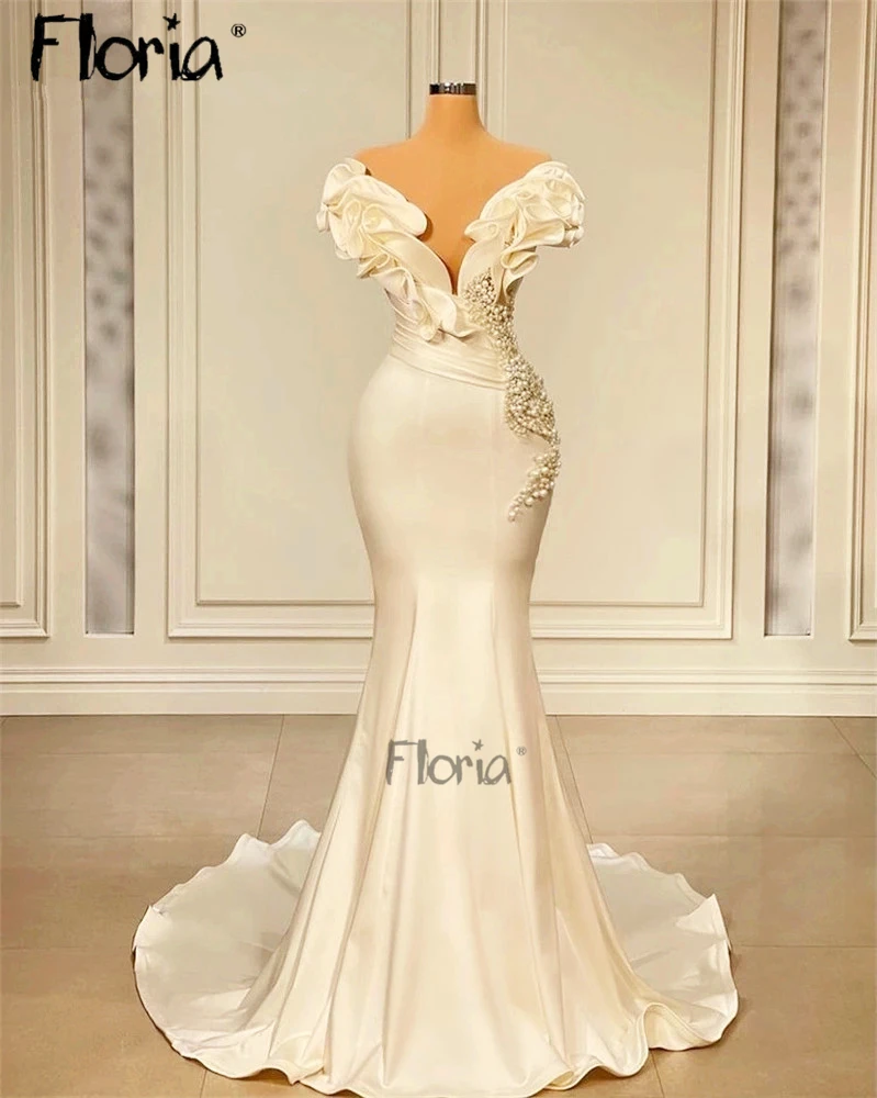 

Elegant Ivory Wedding Dress Deep V Neck Mermaid Pearls Bridal Gowns Custom Made For Women Reception Wedding Gowns Robes 2022
