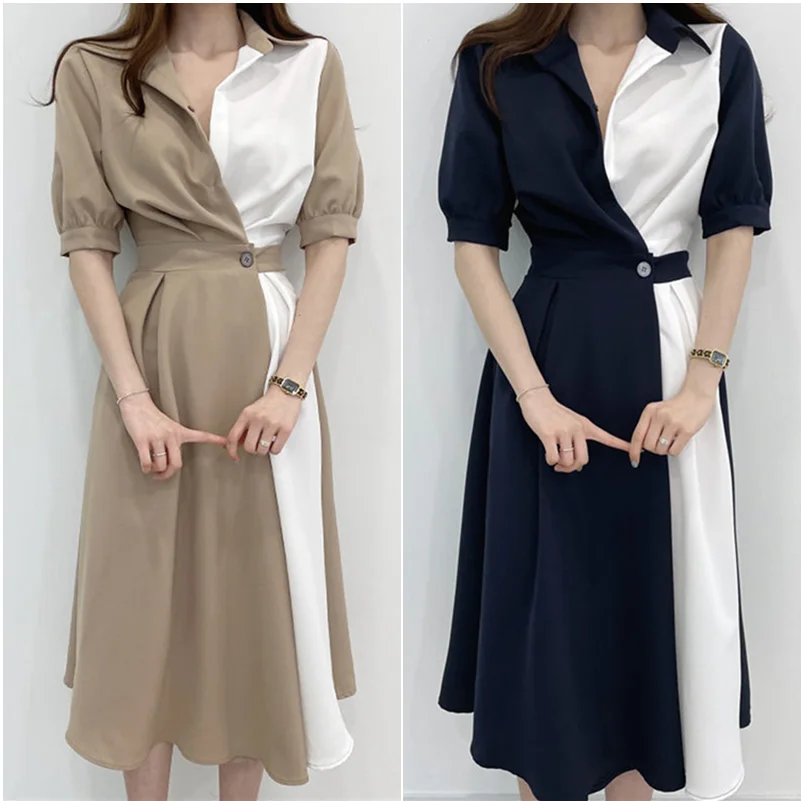 Short Puff Sleeve Dress Women Patchwork Fashion New Turn Down Collar Simple Korean Style Mid-calf Tunic Female Popular All Match
Short Puff Sleeve Dress Women Patchwork Fashion New Turn Down Collar Simple Korean Style Mid-calf Tunic Female Popular All Match