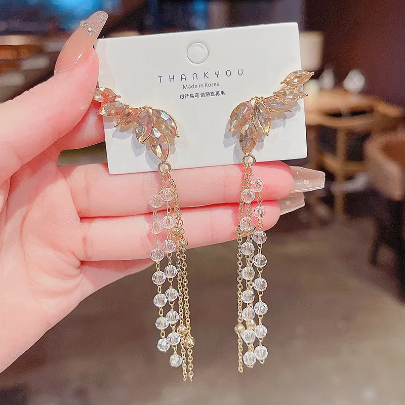 

Wholesale Sterling Silvers Pin New Angel Wings Earrings For Women Pearl Long Tassel Studs Jewelry Gift