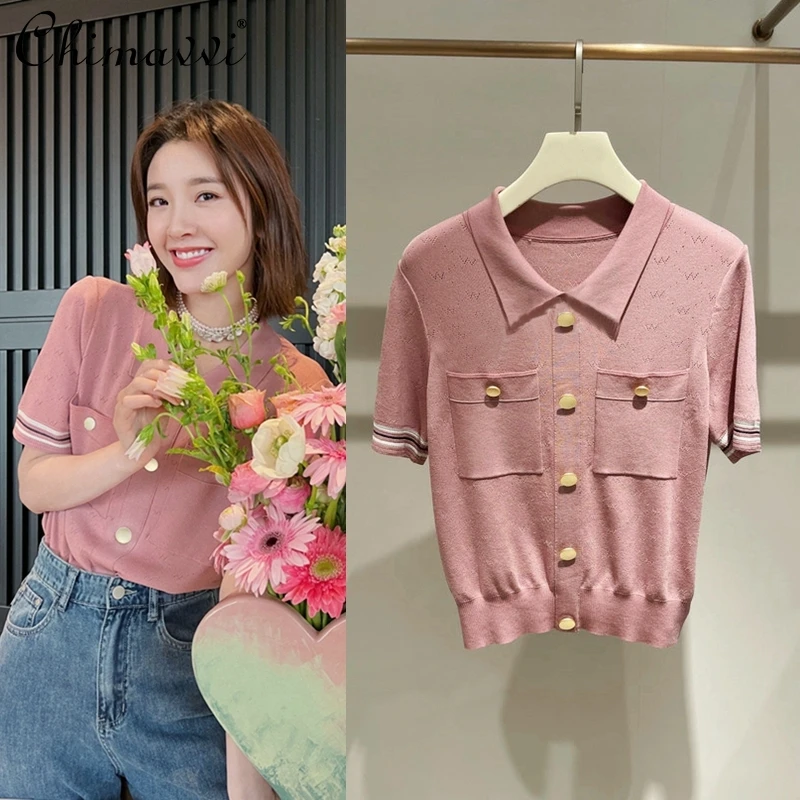 2022 Summer New Fashion Thin Lotus Pink Polo Collar T-shirt Sweet Elegance Short Sleeve Needle Knitted Pullover Women's Top
2022 Summer New Fashion Thin Lotus Pink Polo Collar T-shirt Sweet Elegance Short Sleeve Needle Knitted Pullover Women's Top