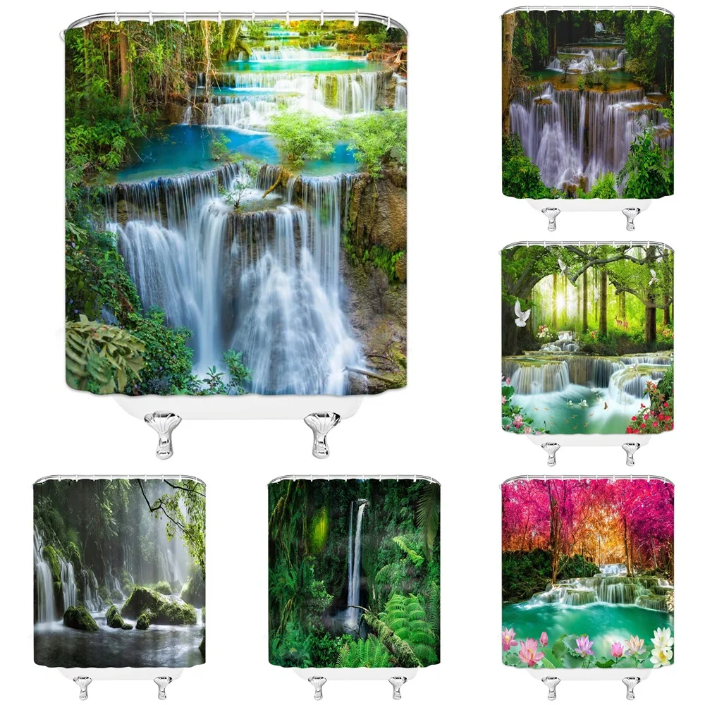 

Green Forest Waterfall Shower Curtain Nature Rainforest Landscape Birds Deer Flower Lotus Falls Scenery Fabric Bathroom Curtains