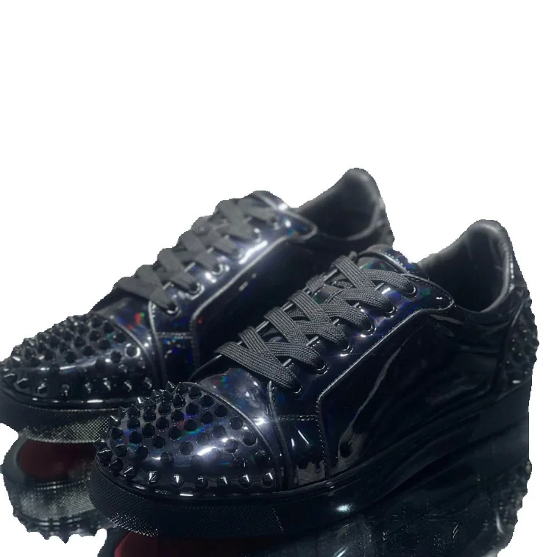 

Low Cut Luxury High Quality Trainers Driving Spiked Black Patent Genuine Leather Rivets Toecap Heels Men's Flats Sneakers Shoes