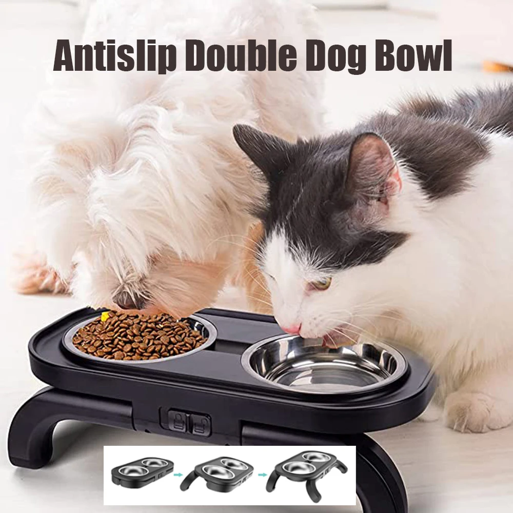 

Нескользящая двойная миска для собак, приподнятая миска для кошек и воды, с наклоном на 15 °, из нержавеющей стали, для кормления питомцев
