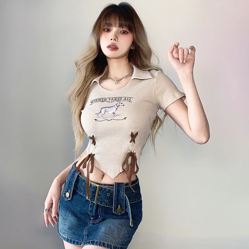 Streetwear Bandage Polo Collar Animal Print Crop Top Women Summer New Cute Fashion Girls T-shirt Dropshipping Cheap Wholesale
Streetwear Bandage Polo Collar Animal Print Crop Top Women Summer New Cute Fashion Girls T-shirt Dropshipping Cheap Wholesale