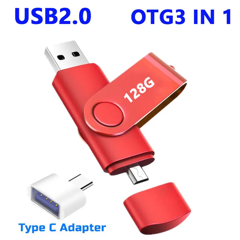 

3 IN 1 Metal OTG 2TB 128GB 64GB Flash Drive USB 2.0 32GB Pen Drives 16GB Memory Stick Gifts Type c Adapter 8GB U Disk 4GB